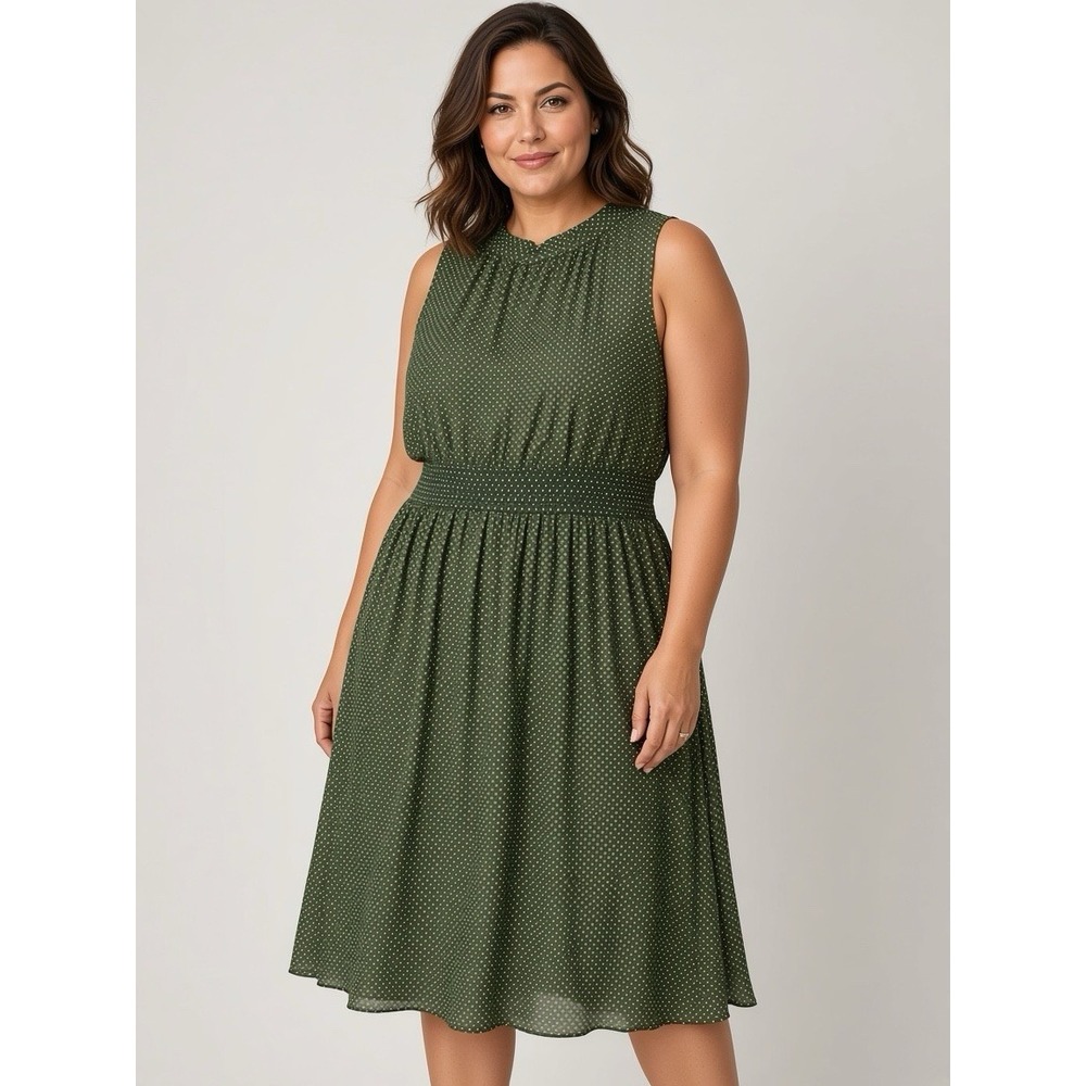 Fervour Dress Womens 2X Olive Polka Dot Sleeveless Fit Flare Lined Smocked Waist